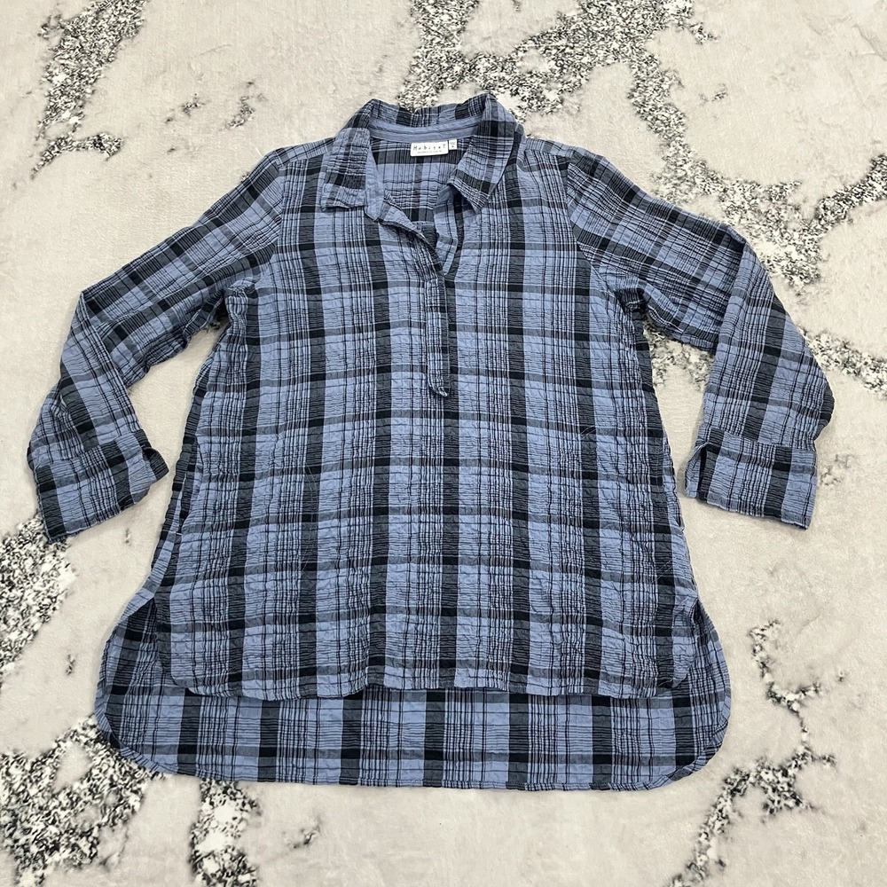 Habitat Womens M Blue Plaid Crinkle Tunic Top High Low Hem Roll Tab Sleeve Shirt